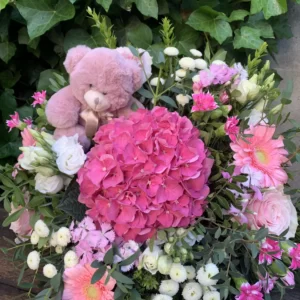 Bouquet de fleur naissance pour fille avec nounours